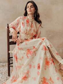 Anewsta New Arrival Spring Vacation Floral Print Pleated Elegant Dress - Coral Pink - View 7