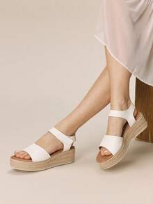 Styleloop 女士时尚纯色编织休闲坡跟凉鞋，波西米亚风度假复古 Vespa 帆布坡跟踝带凉鞋，春夏鞋款，春假复活节 - 白色3 - 查看 5