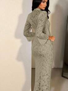 Zolique 秋季新款优雅女士深V吊带喇叭长袖毛绒厚蕾丝连衣裙，开领设计，适合派对、婚礼、约会和外出等场合。 - 灰色 - 查看 2