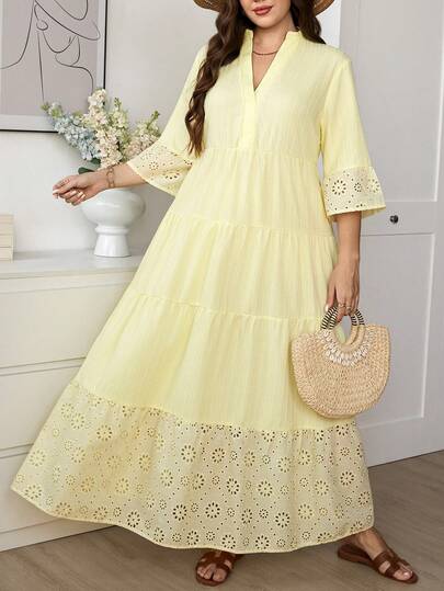 SHEIN LUNE فستان طويل للنساء ذوات الحجم الكبير بتصميم الخياطة المرقعة للكريسماس