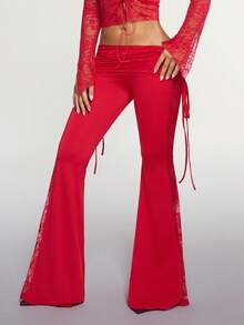 SHEIN ICON Women's Black Lace Side Splice Waist Drawstring Flare Pants, Sexy & Vacation Style - Red - View 5