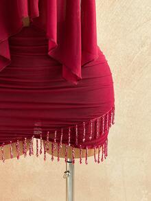 Soleia Spring/Summer New Casual Vacation Western Beach Wedding Guest Attire Graduation Brunch Women's Outfit, Elegant Boho Tropical Vacation Halter Neck Elegant Party Valentine's Day Beaded Tassel Backless 2-Piece Set - Burgundy - View 3