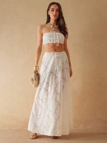 Silquee Saia feminina casual romântica com bordado em renda e cintura elástica, ideal para férias na primavera/verão. - Damasco - Ver 3