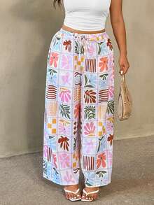 Auralis Plus Size Women's Satin Pants,White,Autumn,Boho,Beach,Holiday,Patchwork Art Printed Crepe Fabric,Drawstring Elastic Waist Straight Leg Casual Pants - Multicolor - View 3