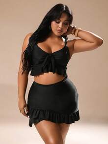 Auralis Plus Size Women's Black Solid Fashion Front Bow Tie Ruffle Hem Adjustable Strap Camisole Top And Bodycon Skirt Swimwear Set,Summer Beach Holiday - Black - View 4