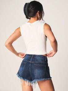 MISSGUIDED Denim Hot Pants With Extreme Raw Frayed Edges Mid Rise Distressed Summer Festival Shorts - Blue - View 2