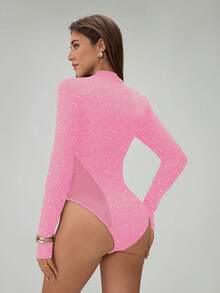 Almamuse Body de mujer de manga larga con cuello redondo, parches de malla metálica brillante y transparente - Rosa - Ver 2