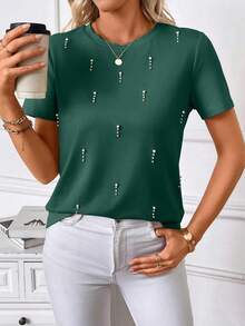 SHEIN LUNE Áo thun nữ tay ngắn dáng regular với họa tiết hạt cườm lấp lánh. - Màu xanh lá cây đậm - Xem 6