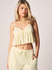 MISSGUIDED Pointelle Ruffle Camisole Crop Top Wide Leg Pants Pajama Set Summer Sleepwear Lounge Co-Ord - Yellow - View 2