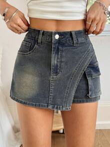 Rivivi Women's Casual Fashion Street Daily Commute Flap Pocket Asymmetrical Hem Denim Shorts, Summer - Dusty Blue - View 5