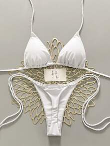 Swim Vcay 2pcs/Set Women Handmade Rope Bikini Swimsuit Set, White - White - View 1