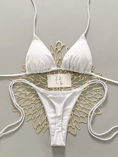 Swim Vcay 2pcs/Set Women Handmade Rope Bikini Swimsuit Set, White