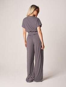 MISSGUIDED Striped Two Piece Co Ord Set Crop Top Wide Leg Pants Drawstring Casual Loungewear Ribbed Knit Matching Outfits Spring Summer - Brown - View 3