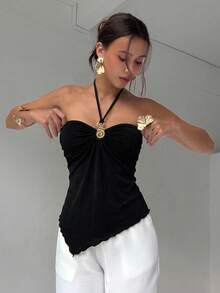 Aloruh 女士性感露背系带吊带上衣，金属装饰，时尚百搭，适合海滩、度假和约会 - 黑色 - 查看 4