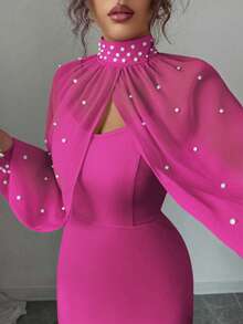 Elenzga New Elegant Mature Charm Evening Gown, Formal Dress, Dignified & Gentle, Dreamy Pink, Hand-Beaded Long Sleeve Top, Graceful Mermaid Hem Bodycon Slip Dress Set - Hot Pink - View 6