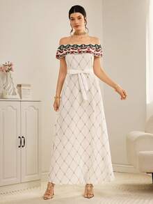 Al Najma Women's Retro Off-Shoulder Arabic Style Dress - White - View 2