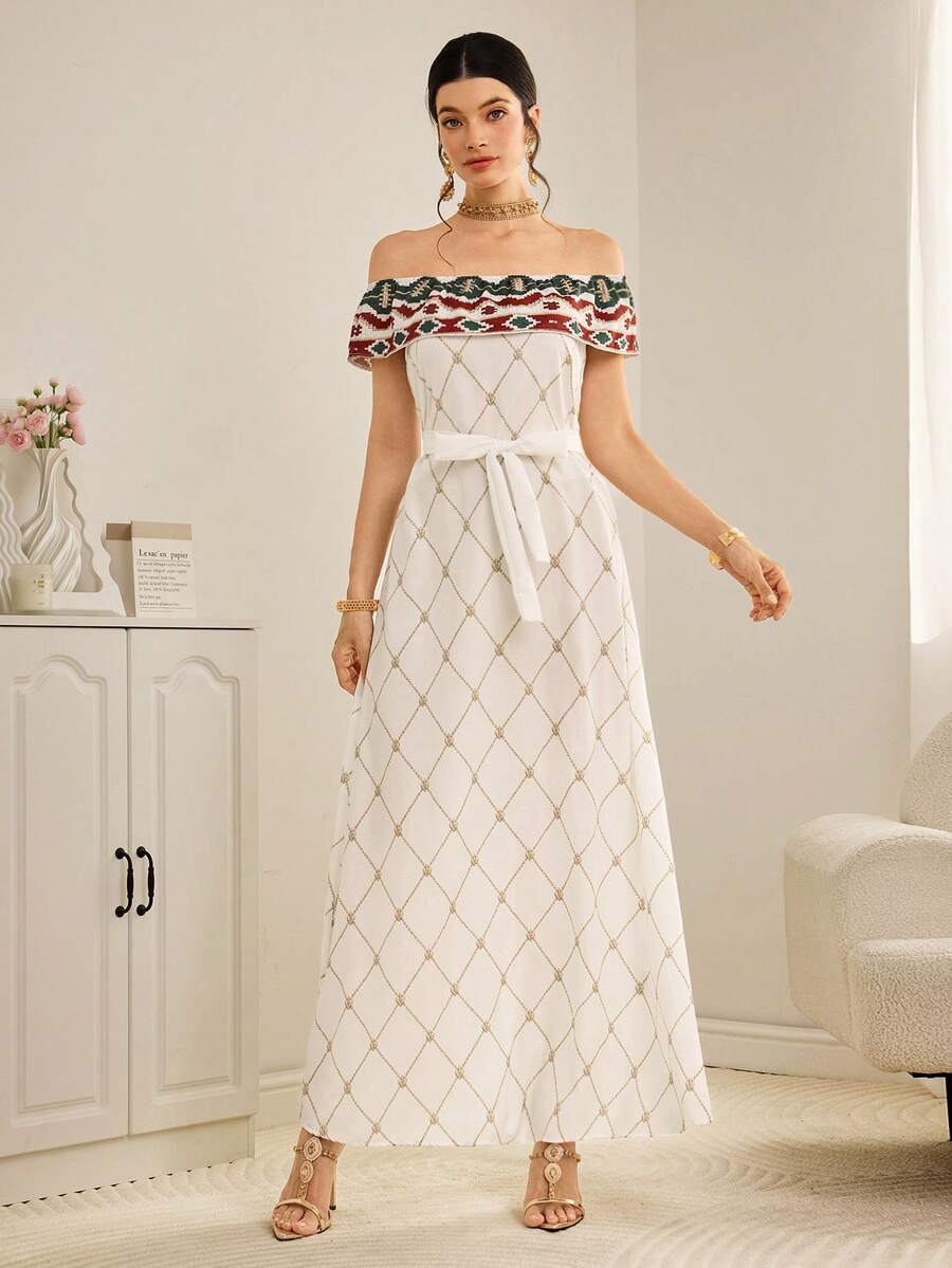 Al Najma Women's Retro Off-Shoulder Arabic Style Dress - White - View 1