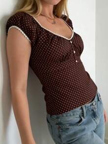 CovetEZ 女士棕色波点休闲衬衫，夏季款 - 棕色 - 查看 2