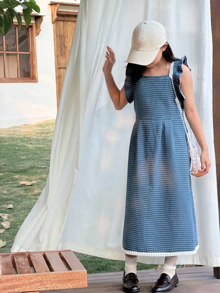 Girls' Square Neck Short Sleeve Denim Dress