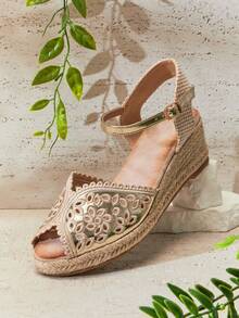 SHUZIA Women Elegant Floral Cut-Out Ankle Strap Espadrille Wedges - Gold - View 7
