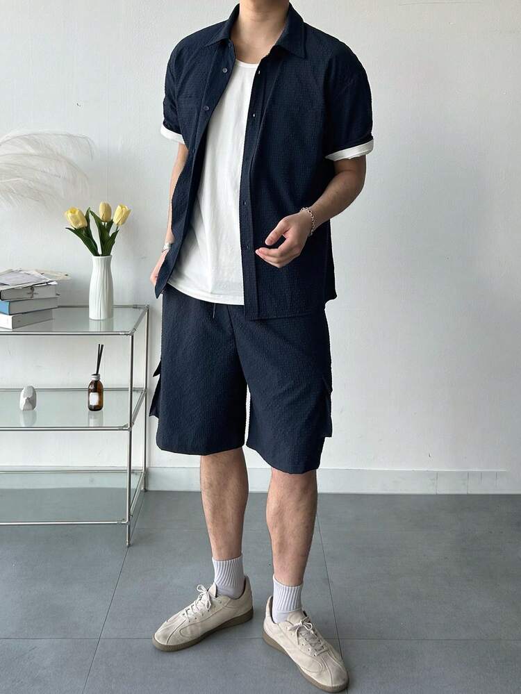 Navy Blue Men's Short Sleeve Shirt And Shorts Set, Summer