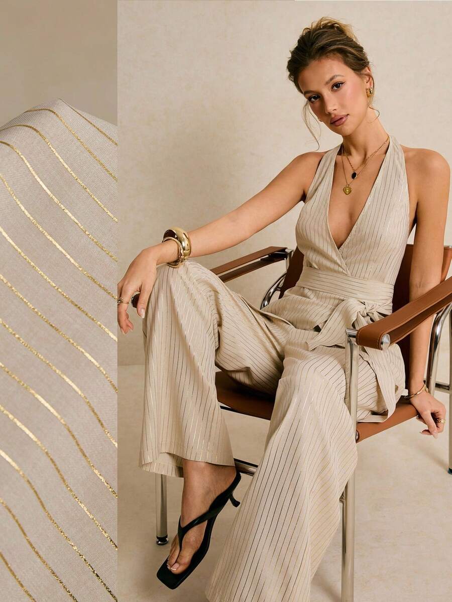 Poéselle 女士条纹印花露背无袖上衣和长裤优雅套装 - 杏色 - 查看 1