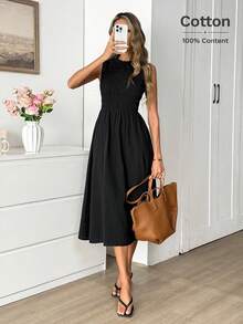 Easowa 100%纯棉无袖A字褶皱腰身中长连衣裙，休闲宽松优雅的办公着装，秋冬款 - 黑色 - 查看 1