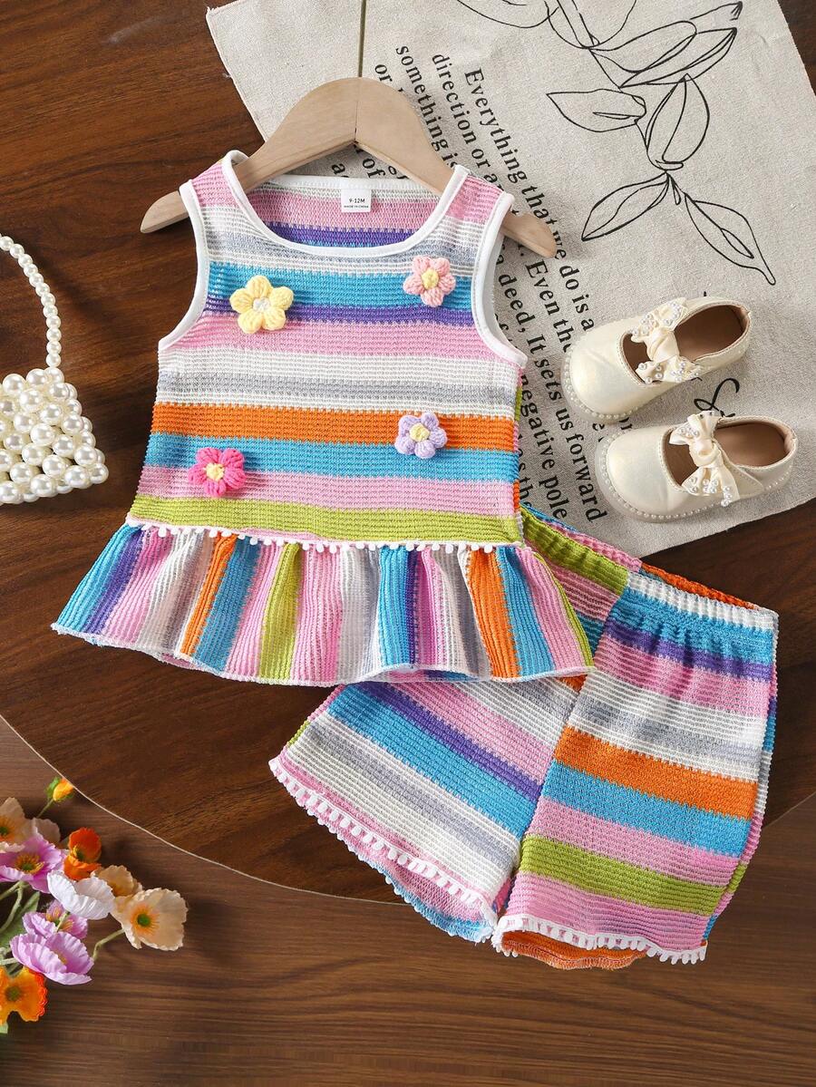 SHEIN Bộ đồ hè 2 món cho bé gái: Áo dệt kim không tay với họa tiết hoa 3D và sọc cầu vồng, kết hợp với quần short ống rộng thoải mái. - Nhiều màu - Xem 1