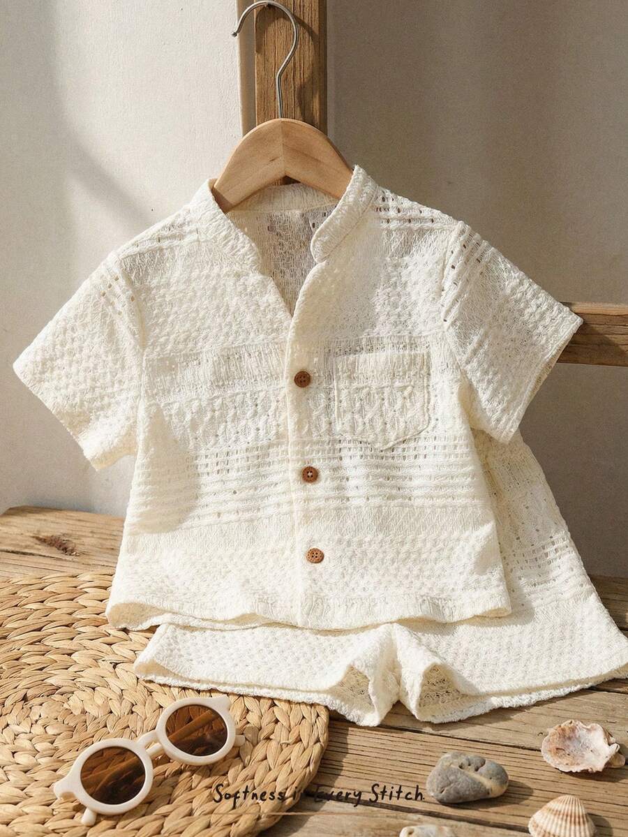 Cozy Pixies 2件套男婴纯色休闲翻领短袖衬衫和松紧腰短裤套装，婴儿夏季套装，奶油色女婴套装，婴儿休闲套装，婴儿夏季服装，男婴夏季衬衫，幼儿亚麻套装，男童中性婴儿服装，复古中性婴儿服装，婴儿纽扣衬衫 - 彩色 - 查看 1