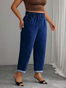 Elenzga Plus Size Solid Color Slant Pocket Elastic Waist Casual Versatile Jeans - Dark Wash - View 5