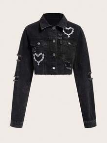 SHEIN MOD Heart Embroidery Ripped Raw Hem Denim Jacket - Black - View 1