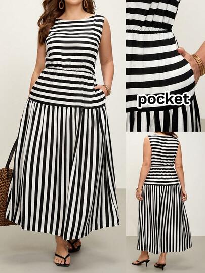 Comfylo Plus Size Women Striped Casual Minimalist Vacation & Date Dress Carnival Outfit Casual Valentine's Day