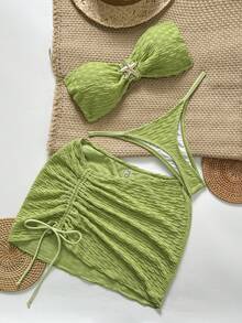 Swim Chiccia 3件套纹理无肩带海星比基尼性感泳装套装 - 綠色 - 查看 6