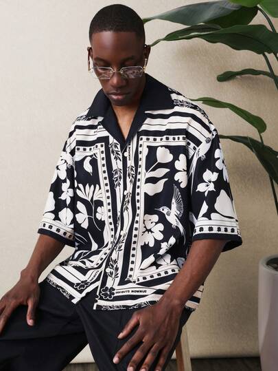 SUMWON Men's Short Sleeve Boxy Fit Revere Collar Tropical Floral Print Resort Shirt Hawaiian Style Casual Summer Beach Vacation Button Front Top