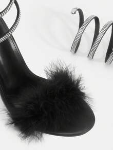 Glitzique 迷人的女性黑色毛絨裝飾細高跟涼鞋,腿部包覆設計,鑲有鑽石裝飾高跟鞋 - 黑色 - 查看 8