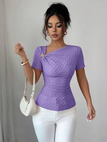 Elenzga 女款優雅不對稱領口 3D 玫瑰金鈕扣裝飾短袖 T-shirt 夏季約會穿搭上衣 藍色薰衣草紫 - 紫羅蘭色 - 查看 5