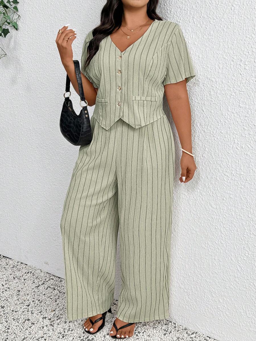 SHEIN Frenchy Plus Size Spring/Summer Casual Minimalist Versatile Striped 2 Pieces Suit Set, Women Blazer + Pants In Fall/Winter - Green - View 1