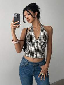 Aloruh Women Cotton Striped Stand Collar Single-Breasted Vest Thin Blazer In Fall/Winter - Black and White - View 6