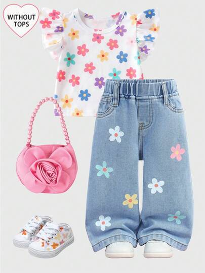 SHEIN Quần jean dáng rộng màu xanh dương họa tiết hoa nhiều màu sắc cho bé gái