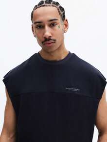 SUMWON Sleeveless Cotton Tank Top With Chest Print Regular Fit Crew Neck Summer Casual Streetwear - Navy Blue - View 4
