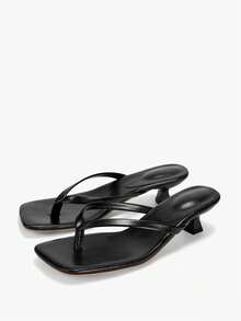 夏季新款女士纯色拖鞋，优雅度假鞋，休闲沙滩高跟凉鞋，时尚易穿高跟鞋，适合正装 - 黑色 - 查看 4