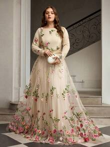 ZEYLAH Plus Size Women's Romantic Date Night Long Sleeve Embroidered Dress - Apricot - View 4