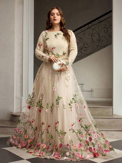 ZEYLAH Vestido largo de manga larga con bordados para cita romántica para mujer de talla grande