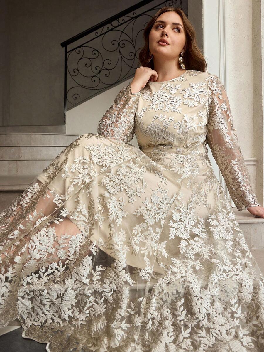 ZEYLAH Embroidered Floral Elegant Long Sleeve Maxi Dress With Waist Cinching And Flared Skirt - Champagne - View 1