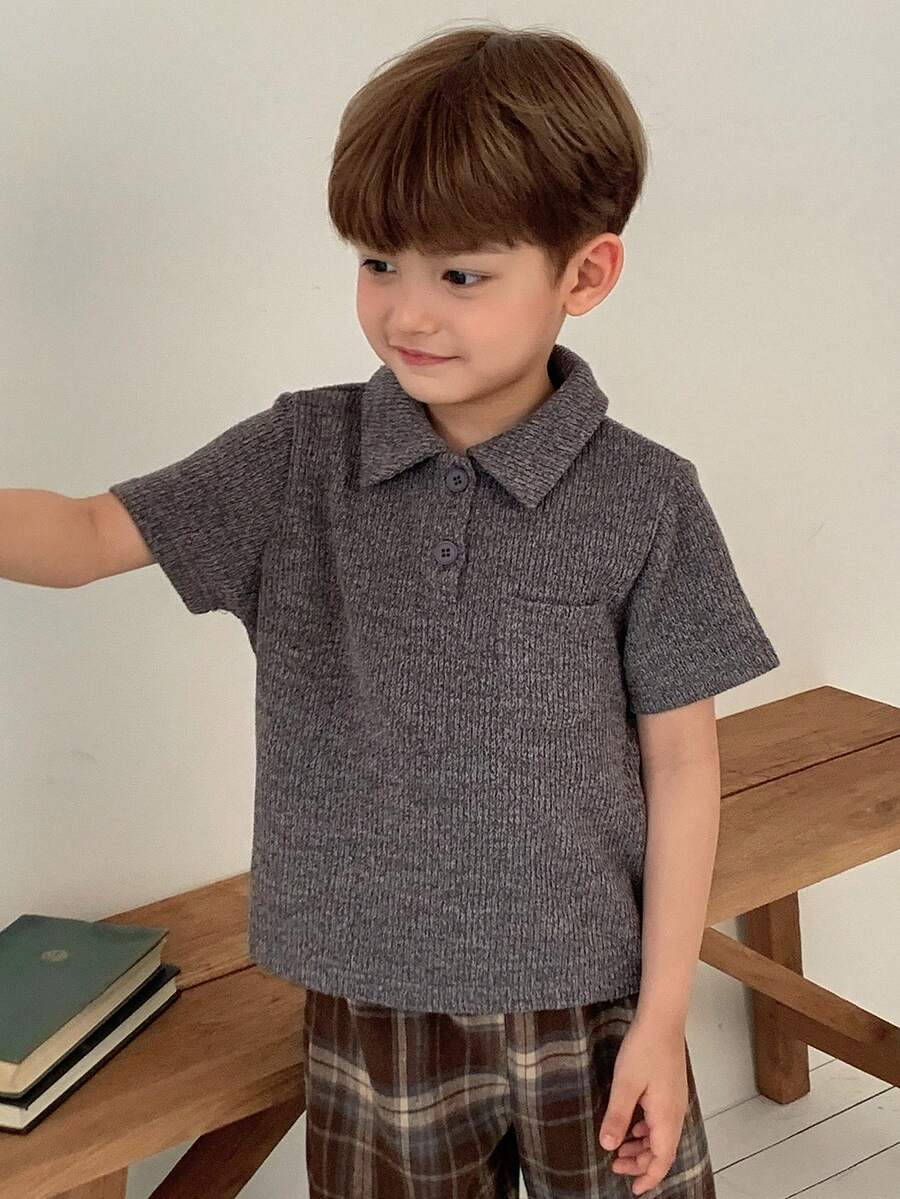 DAZY 男童休闲短袖纽扣 Polo 衫 - 灰色 - 查看 1