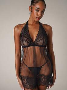 SHEIN BAE Floral Lace Halter Babydoll Lingerie Dress With Thong - Black - View 6