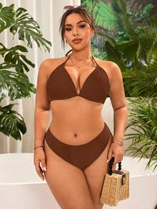 SHEIN Swim Curve 大码女式休闲度假三角比基尼泳裤 - 棕色 - 查看 5