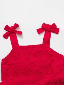 SHEIN 女童休闲黑色撞色领腰针织连衣裙 - 紅色 - 查看 7