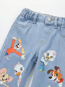 SHEIN Playful Pals Toddler Girls' Casual Denim Summer New Arrivals Light Blue Denim Cute Animal Print Loose Fit Straight Leg Jeans, Versatile For Daily Wear And Back To School - Light Wash - View 5