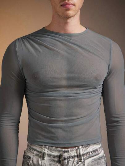 FeverCity Men's Mesh Sheer Casual Asymmetrical Long Sleeve Round Neck T-Shirt